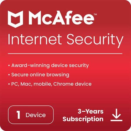 McAfee Internet Security (Windows / Mac / Android / iOS) - 1 User, 3 Years (Instant Delivery- No CD)